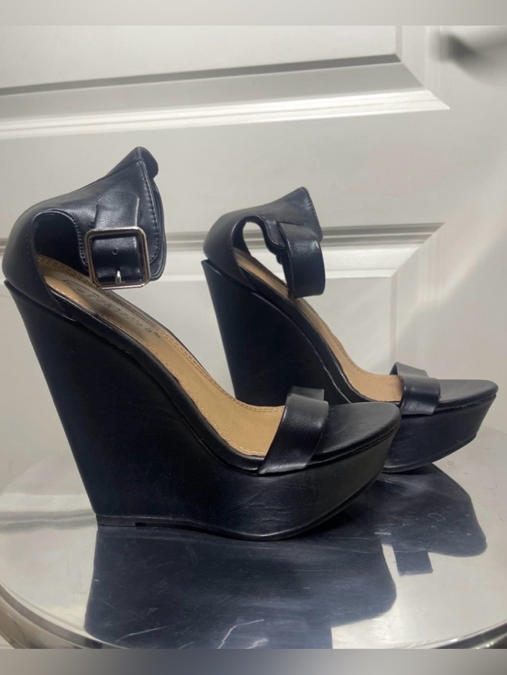 Women's Black Wedge Sandal with Ankle Strap